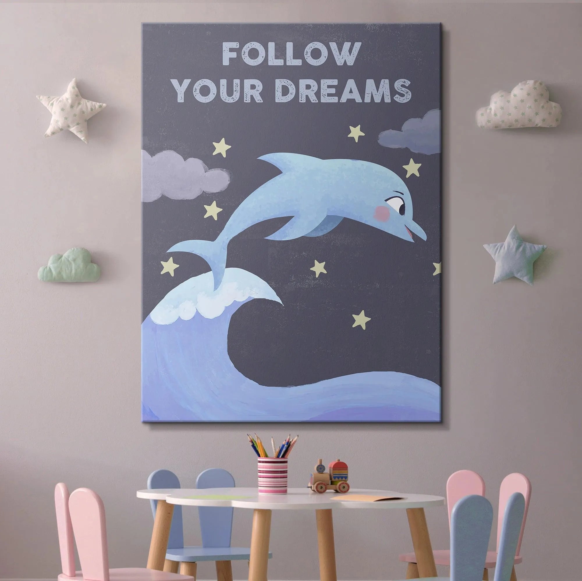 Artistic interpretation of the surging blue ocean wave detail featured beneath the dolphin in the Kids - Follow Your Dreams print.