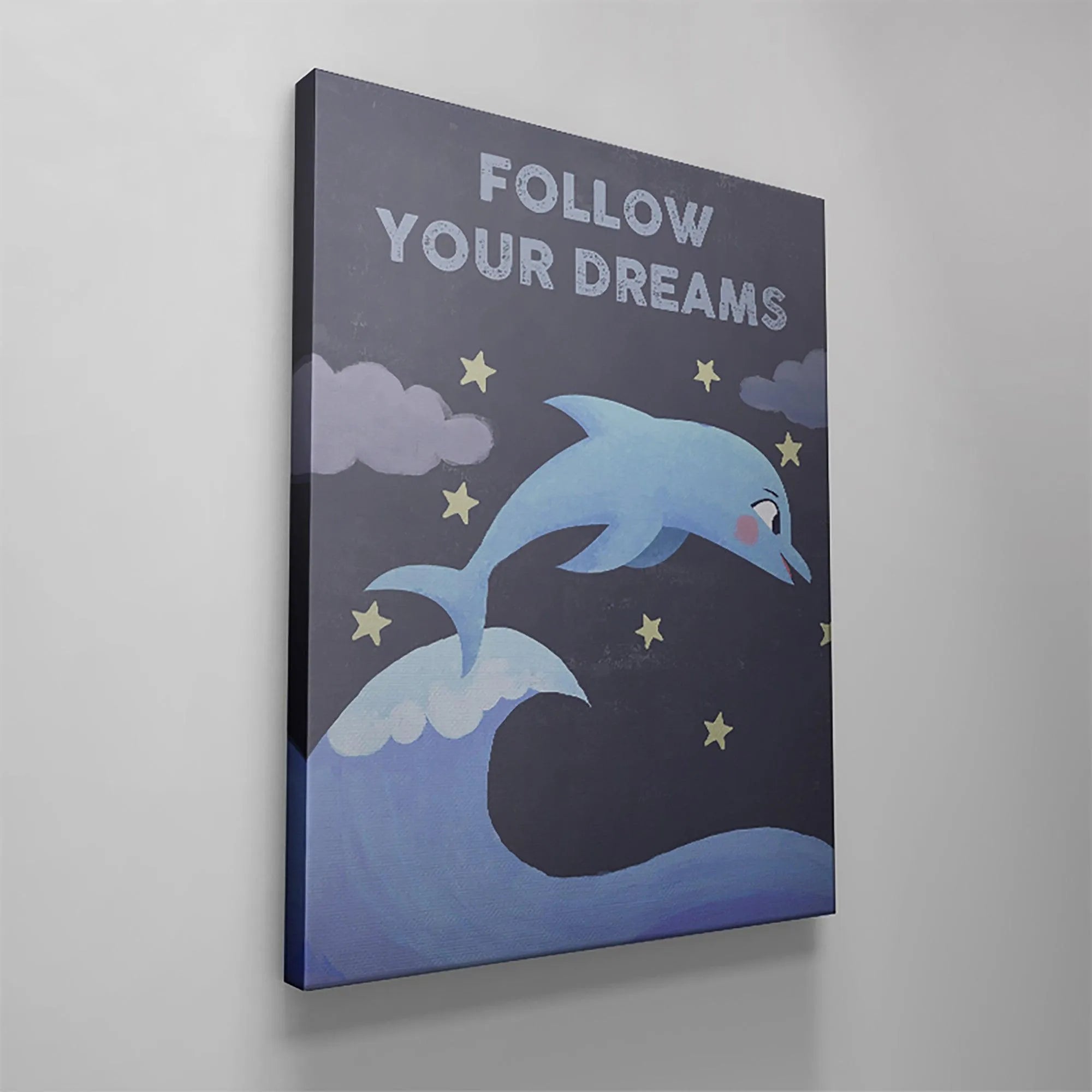 Angled product view capturing the depth and frame thickness of the ready-to-hang Kids - Follow Your Dreams motivational canvas.