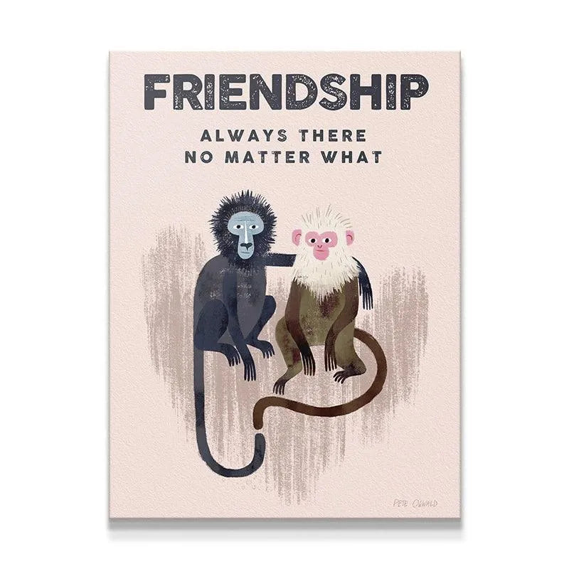 Illustrated two monkeys hugging wall art promoting Kids Friendship
