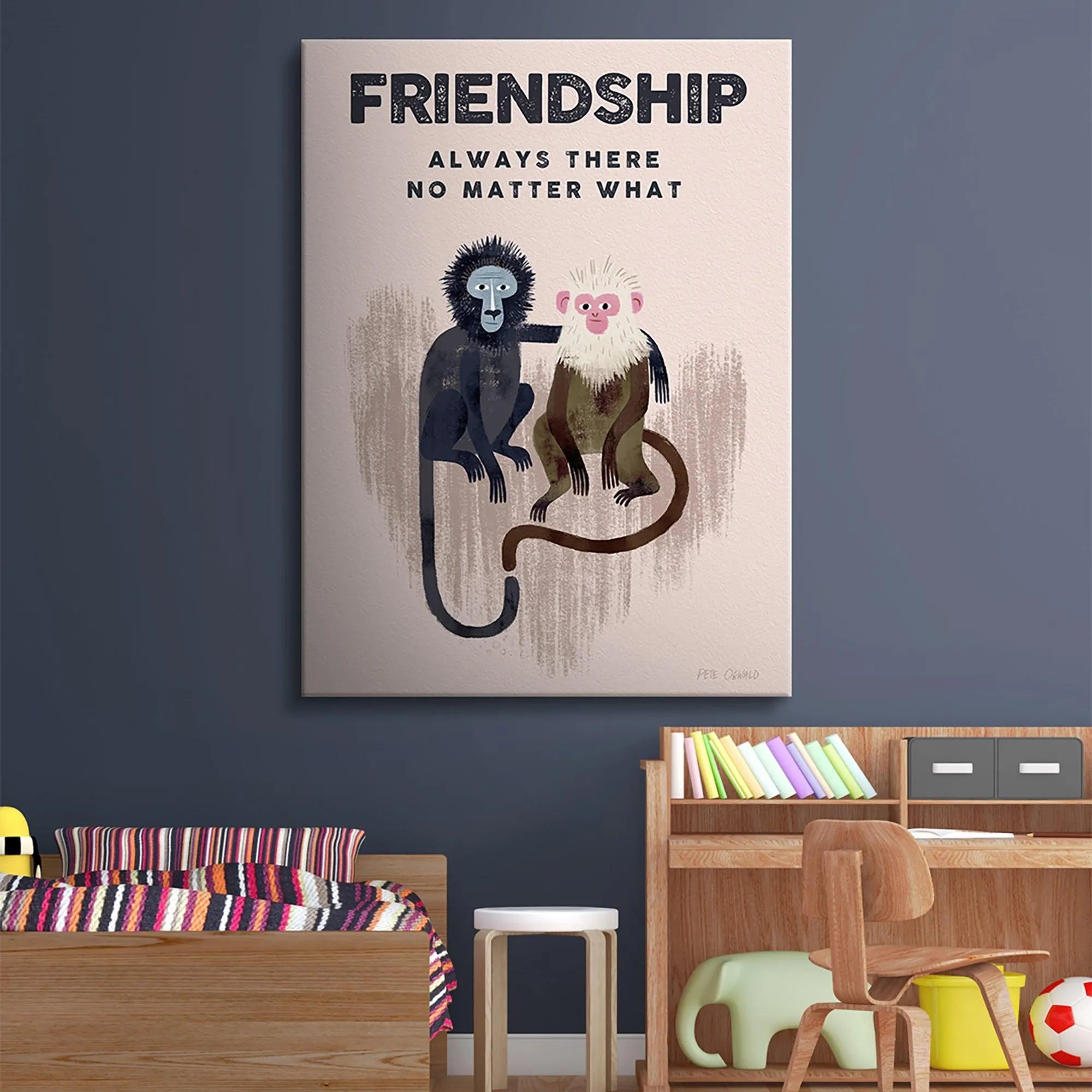 Pale pink background and dark blue/white monkey color scheme for Kids Friendship poster