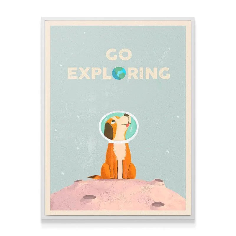 Text 'GO EXPLORING' centered above the dog illustration for the Kids Go Exploring poster.