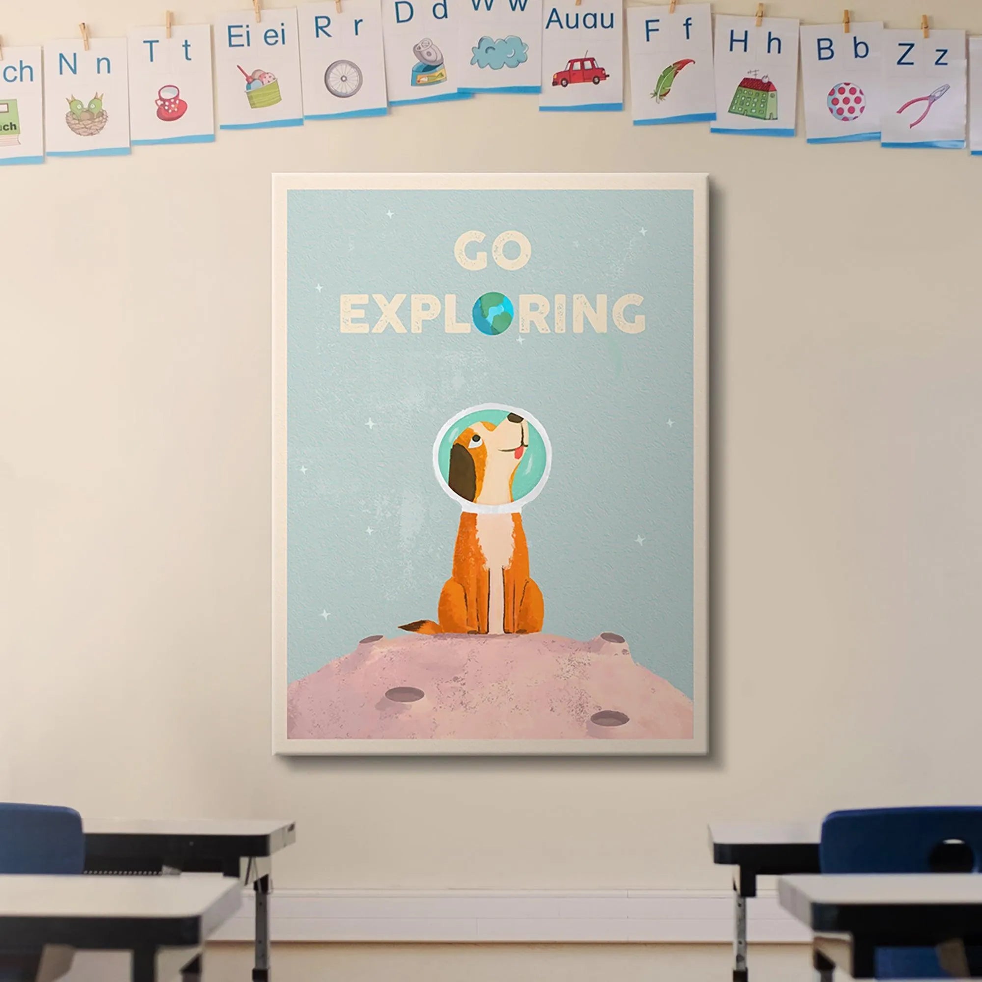Soft pastel colors used in the whimsical space scene where Kids Go Exploring.