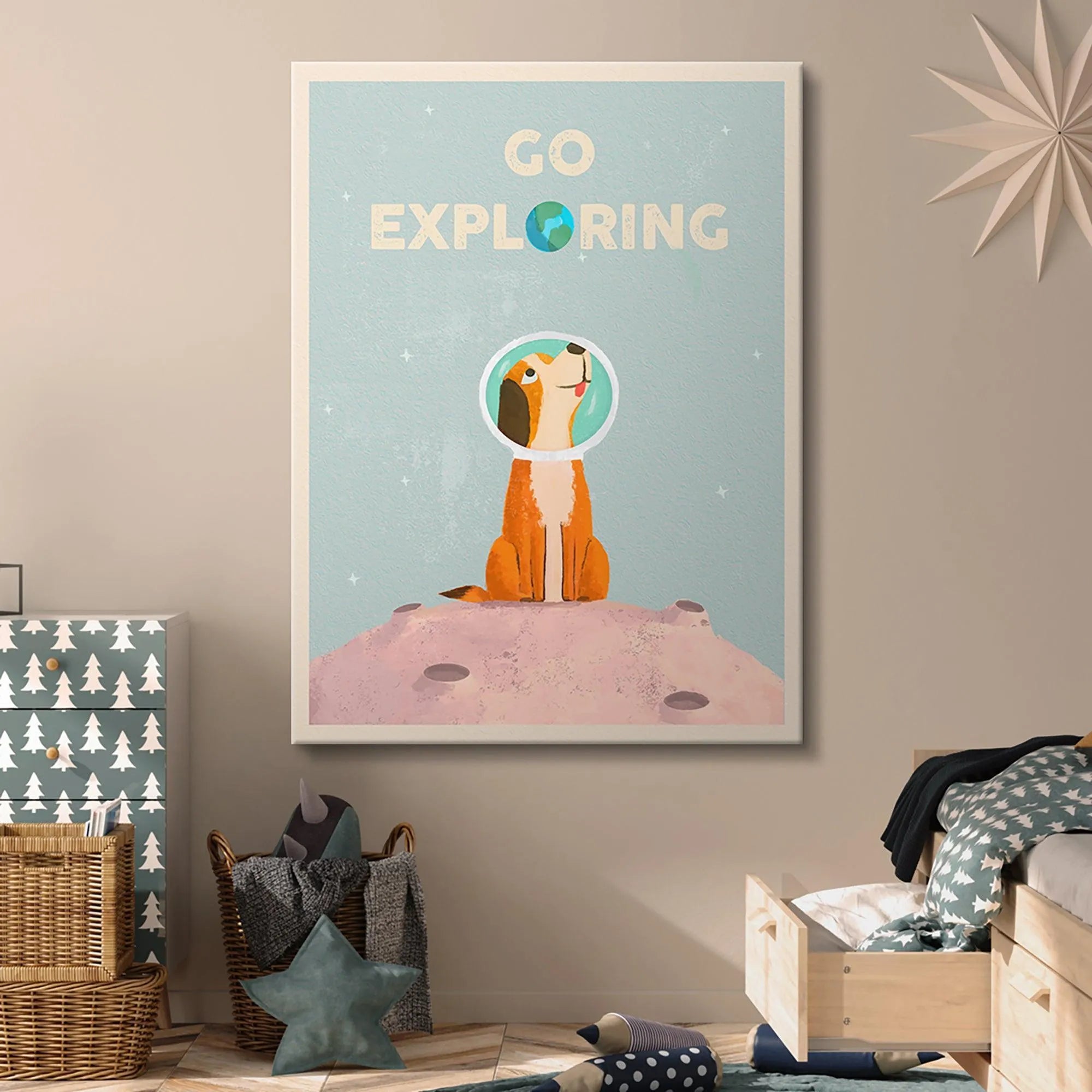The Beagle astronaut sitting on the pinkish moon surface, illustrating Kids Go Exploring.