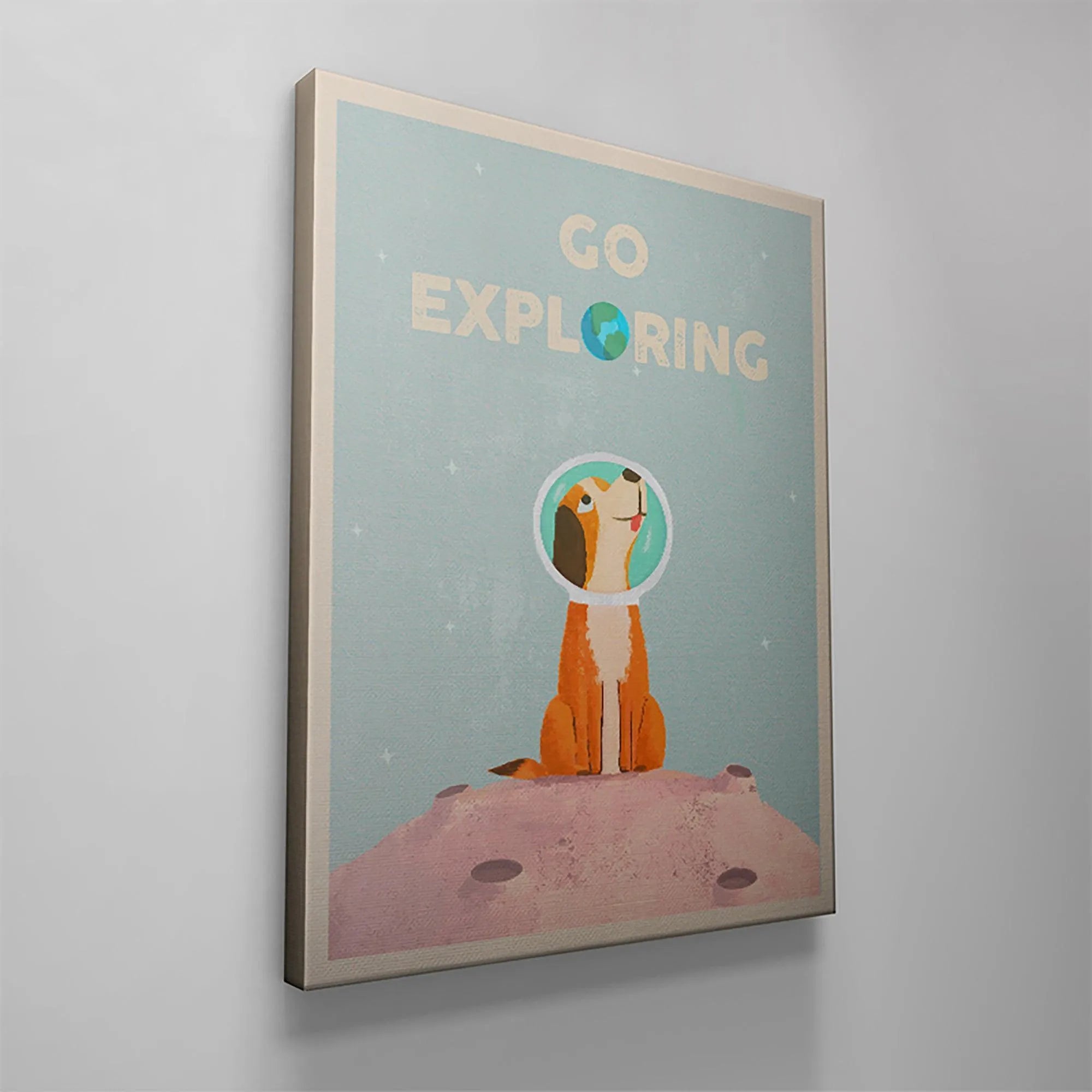 Retro-style art print focusing on the cheerful expression of the dog for Kids Go Exploring.