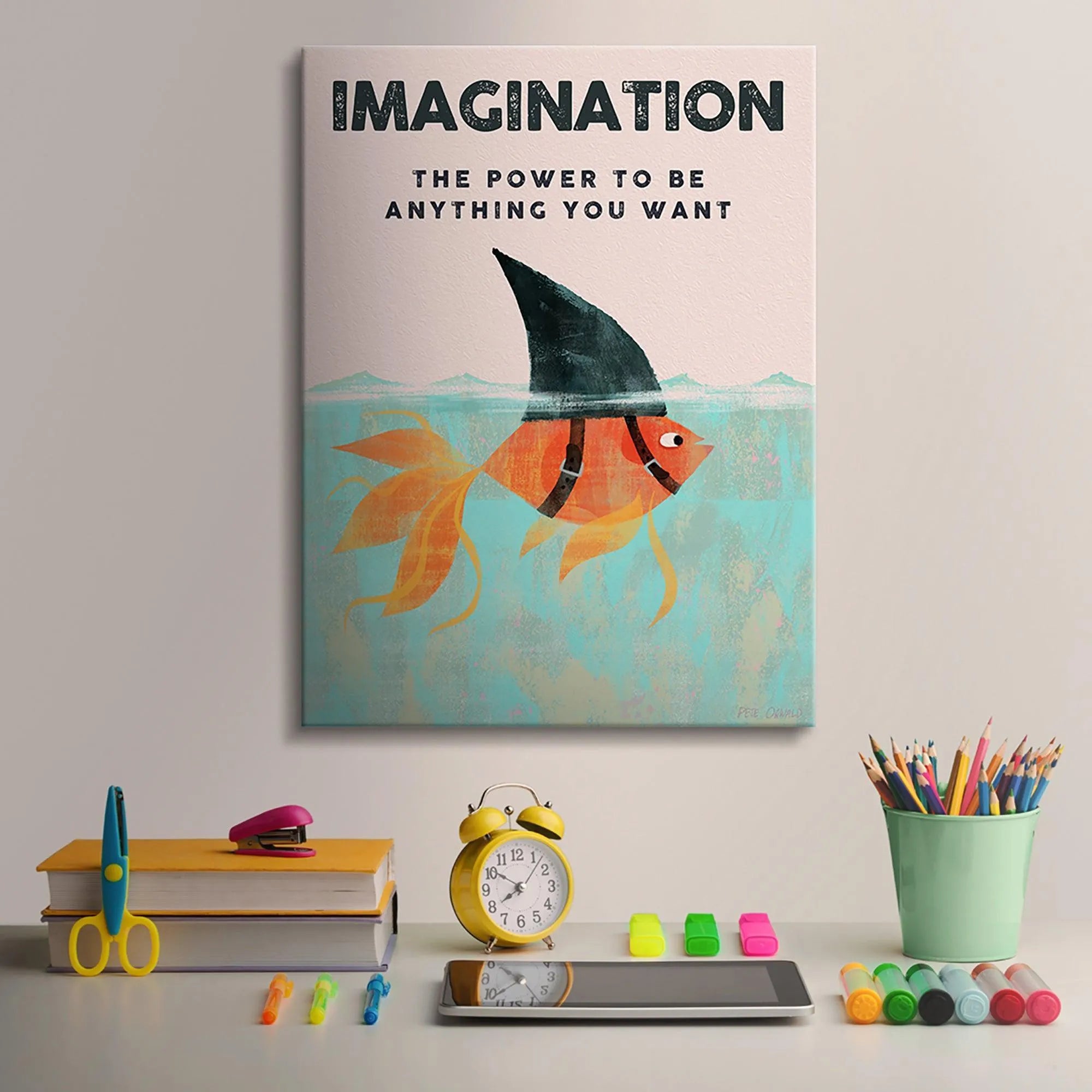 Angled shot showcasing the matte finish and vibrant orange color of the Kids Imagination artwork.