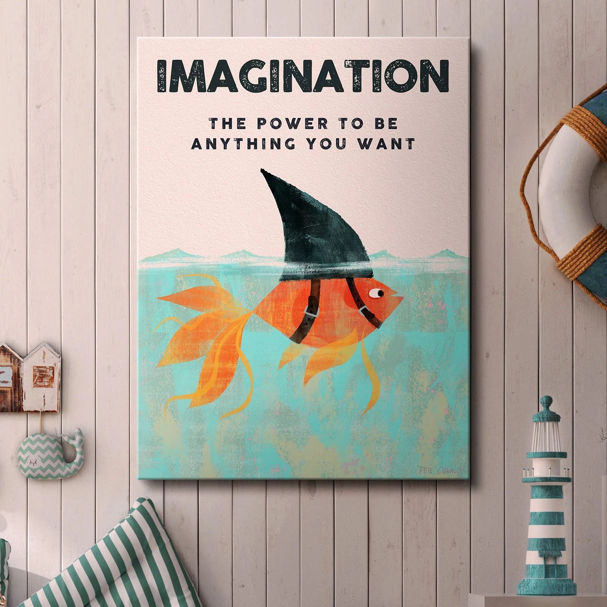 Goldfish wearing a shark fin centered in the water illustration for Kids Imagination display.