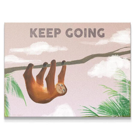 Full image view of the sloth hanging from a branch under the text "Keep Going" for Kids Keep Going motivation.
