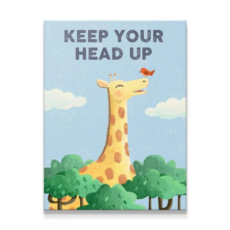 Close-up of the happy giraffe's face with a red bird on its nose, showcasing the detail of the 'Kids Keep Your Head Up' typography.