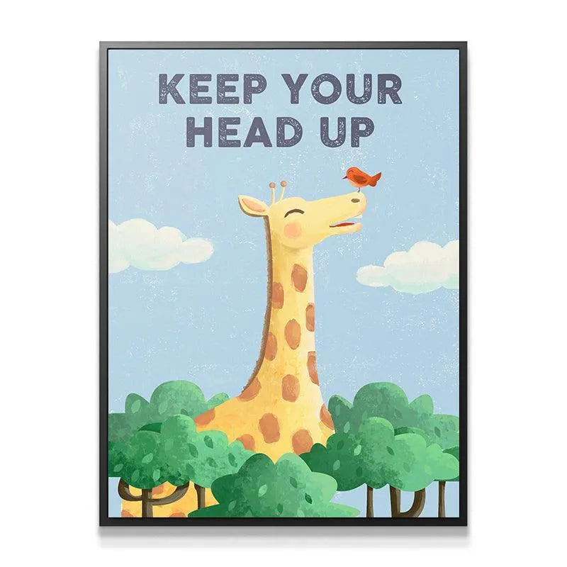 Full vertical view of the textured canvas print featuring the 'Kids Keep Your Head Up' inspirational quote against a pale blue sky.