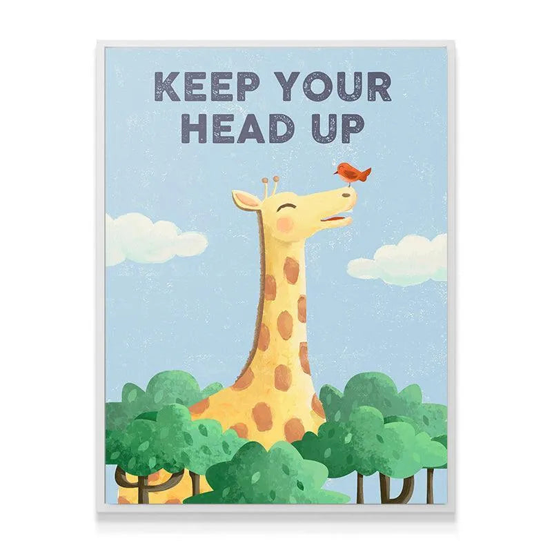 Lifestyle shot of the 'Kids Keep Your Head Up' art hanging above a crib in a brightly decorated safari-themed nursery.