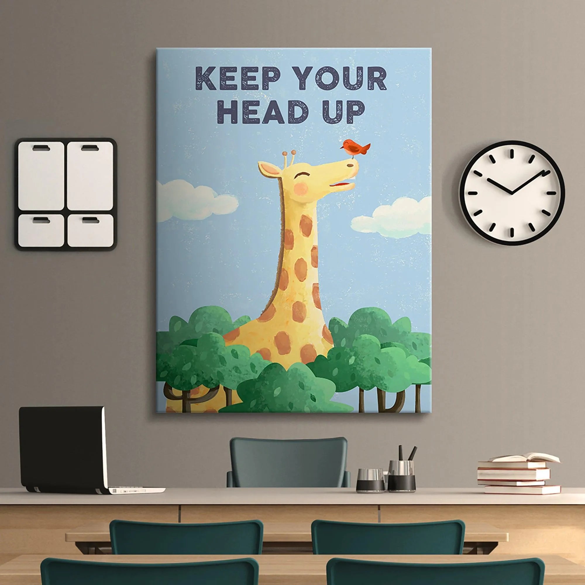 Low-angle shot emphasizing the tall neck of the smiling giraffe artwork for 'Kids Keep Your Head Up'.