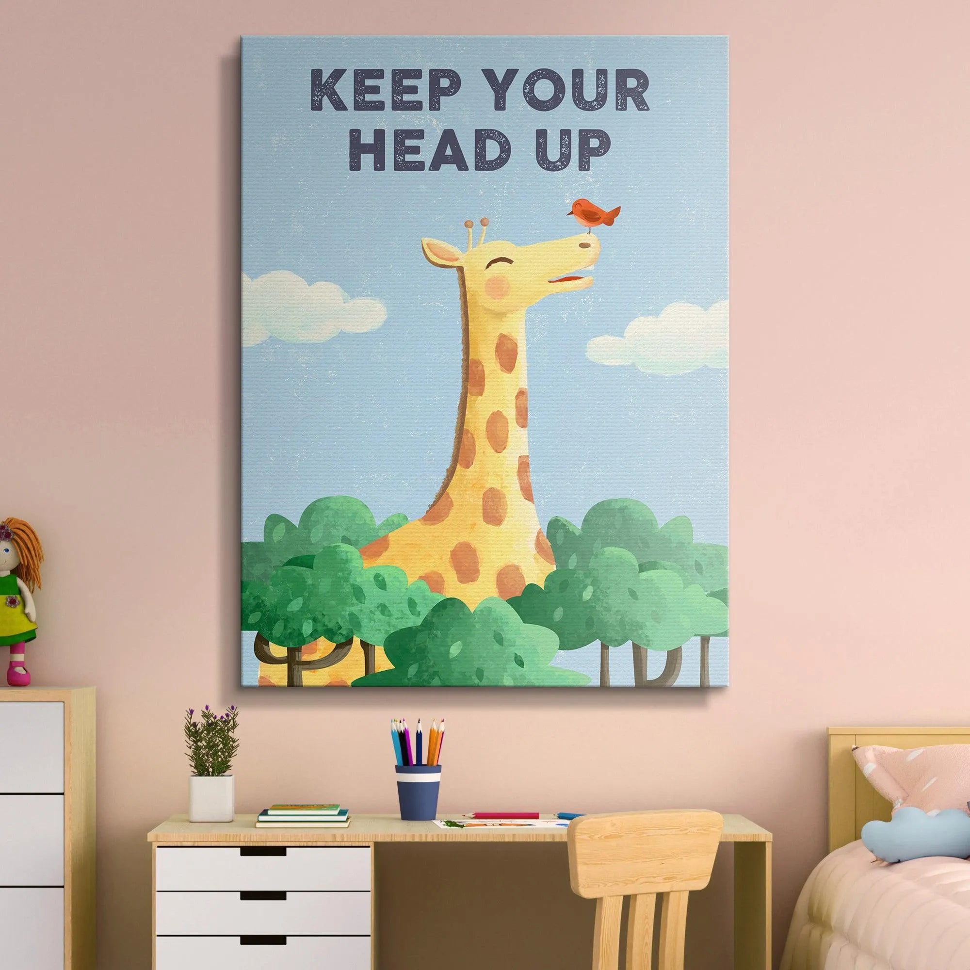 Vibrant color palette detail showing the yellow giraffe and green bushes on the 'Kids Keep Your Head Up' print.