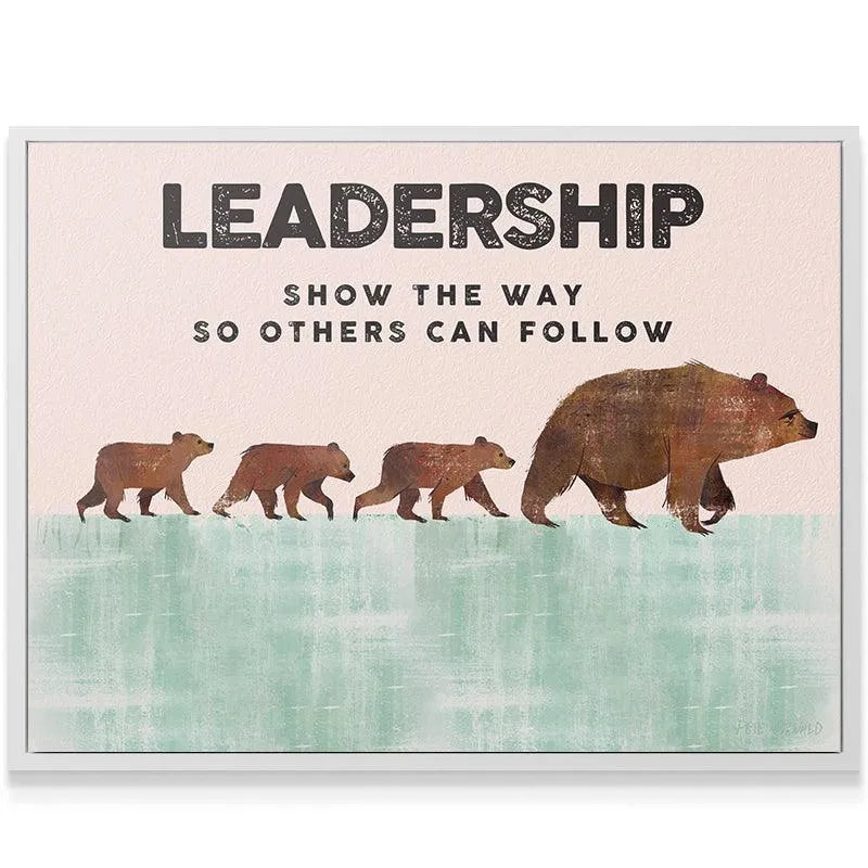 Wide-angle shot of the motivational print featuring bears walking across a turquoise block, promoting Kids Leadership.
