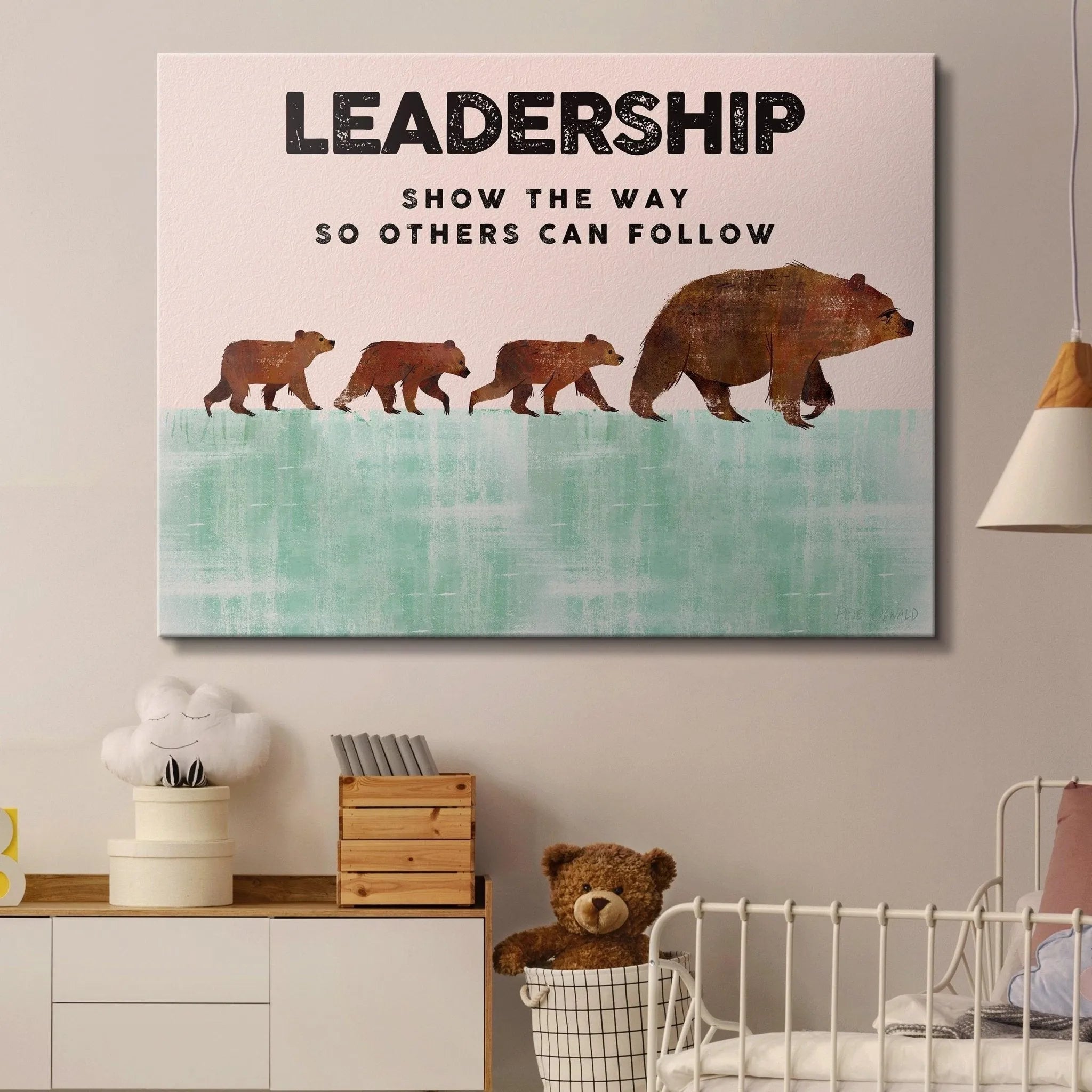 Detailed crop focusing on the strong stance of the mother bear, symbolizing effective Kids Leadership and guidance.