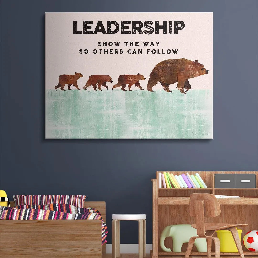 Lifestyle image of the pale pink and turquoise canvas hanging in a child's study area, inspiring Kids Leadership.