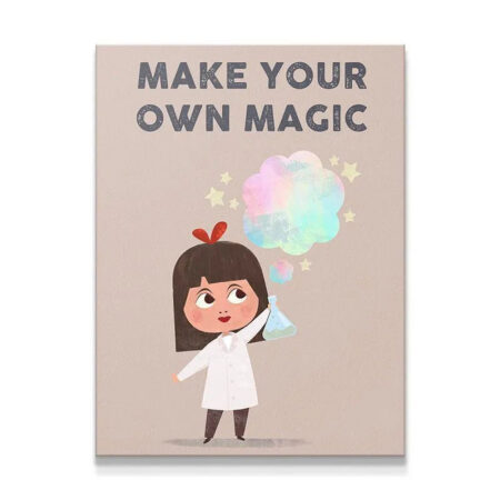 Full overhead view of the 'Kids Make Your Own Magic' artwork featuring a girl scientist.