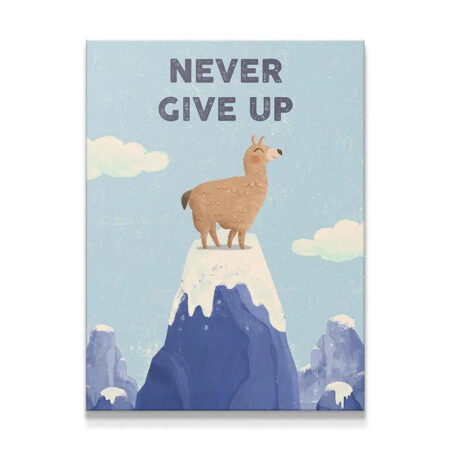 Full shot of determined llama conqueror illustrating the Kids Never Give Up philosophy on a snowy peak.