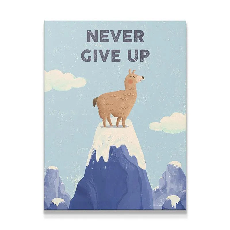 Full shot of determined llama conqueror illustrating the Kids Never Give Up philosophy on a snowy peak.