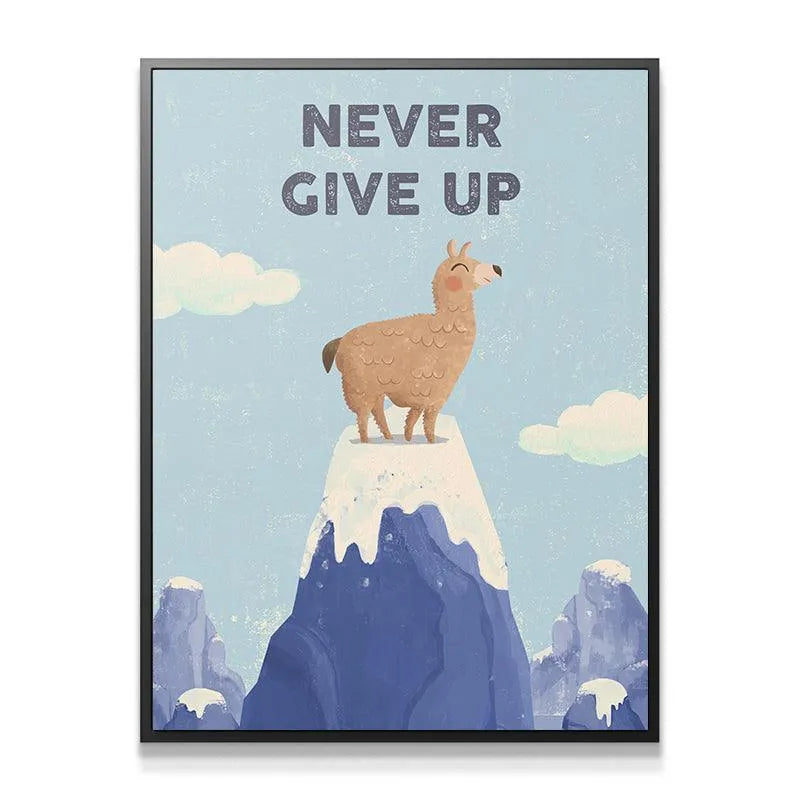Close-up texture of the mountain peak and victorious llama showing the Kids Never Give Up spirit in the canvas art.