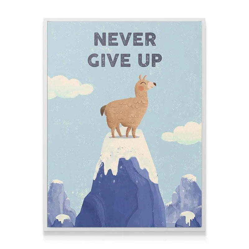 Lifestyle view of the motivational print hanging in a bright nursery reminding all Kids Never Give Up on their dreams.