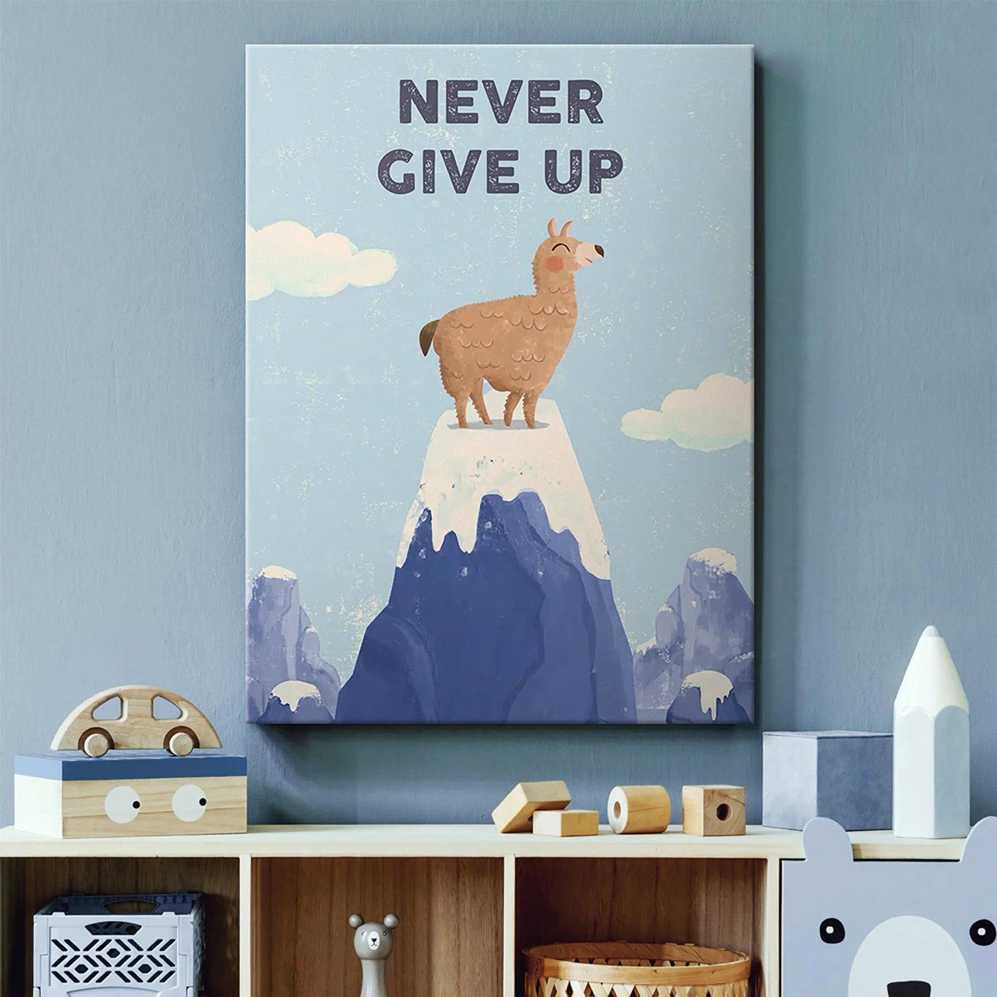 Low-angle perspective emphasizing the height of the mountain and the importance of why Kids Never Give Up.