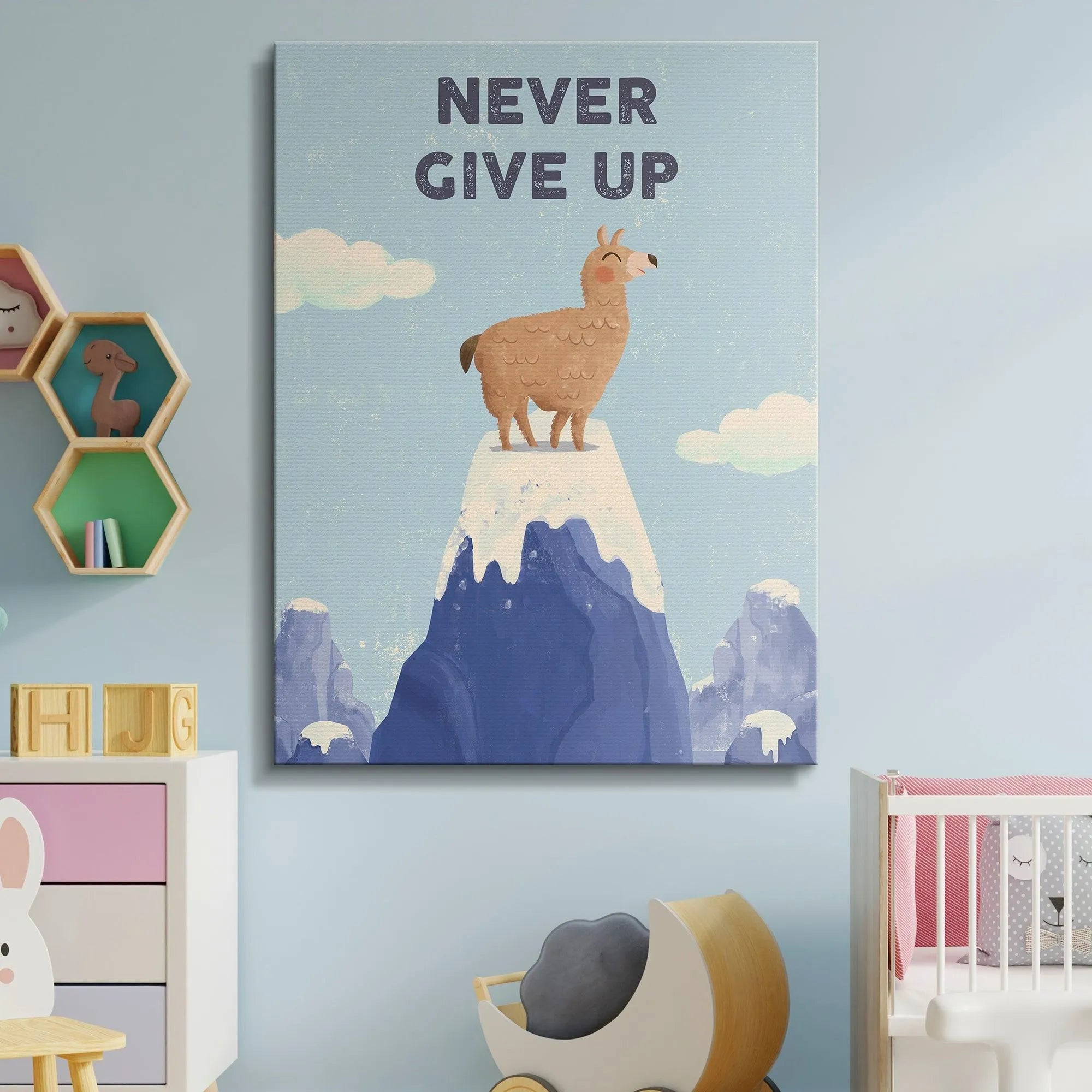Macro detail of the distressed lettering "NEVER GIVE UP" encouraging young Kids Never Give Up on challenges.