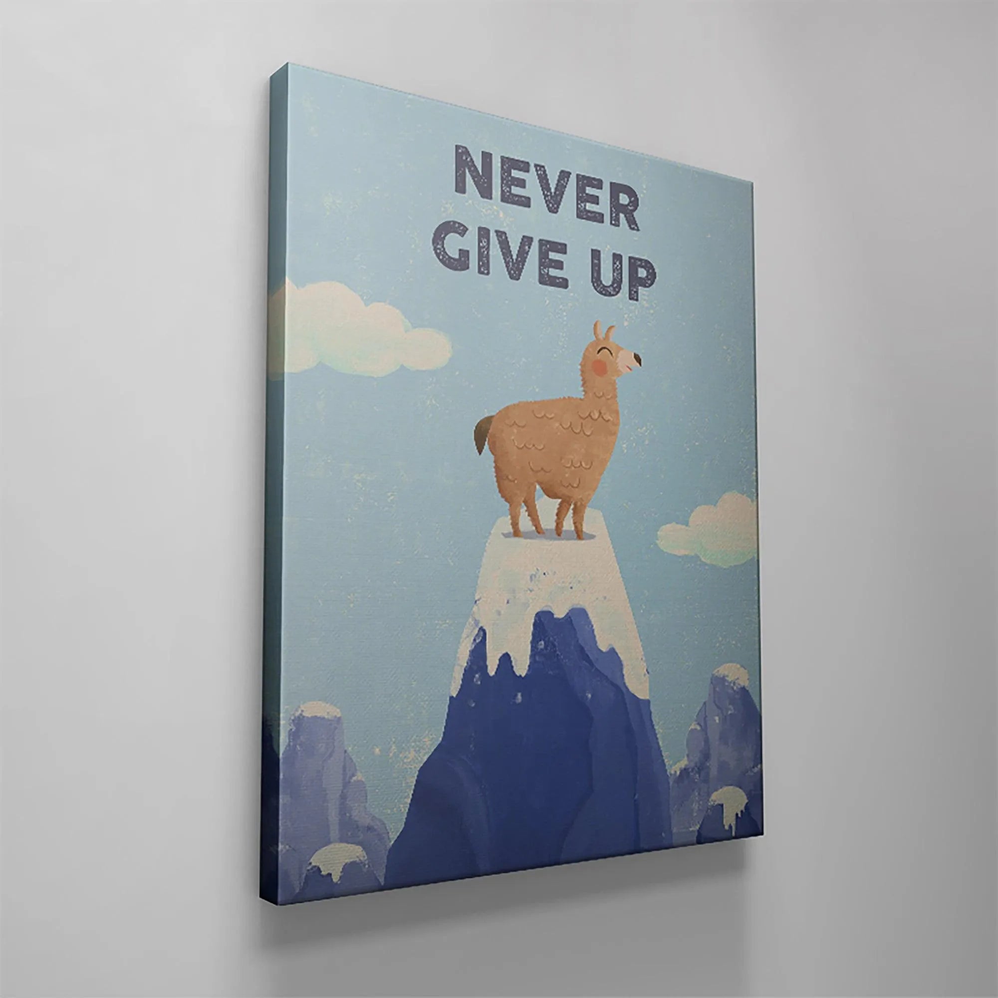 Soft watercolor clouds contrasting with the triumphant llama in the "Kids Never Give Up" artwork for children's rooms.