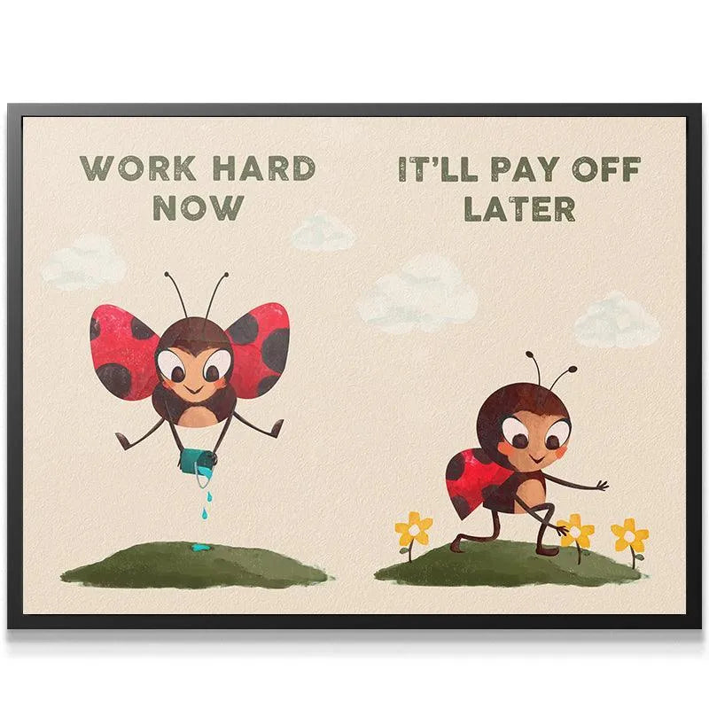 Close-up of the joyful ladybug picking flowers, representing the reward phase where Kids Pay Off.