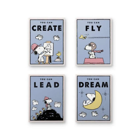 Full square view of the 4-piece inspirational Kids Peanuts Bundle poster set, featuring light blue backgrounds.