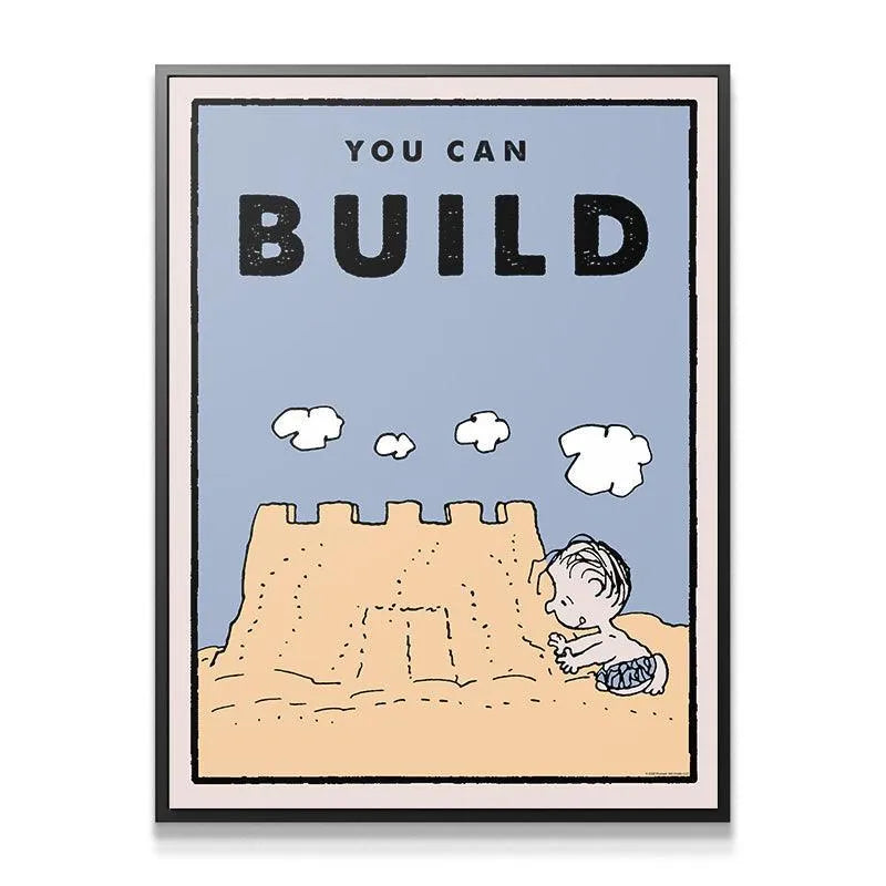 Close-up detail of the sandcastle texture and the Peanuts character on the 'Kids PEANUTS - You Can Build' art print.