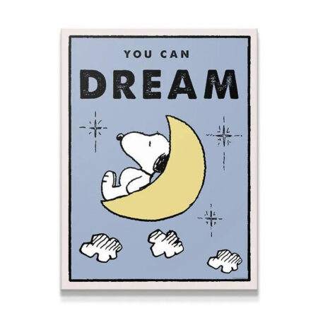 Full frontal view of the Kids PEANUTS - You Can Dream poster showing Snoopy resting on the yellow crescent moon.