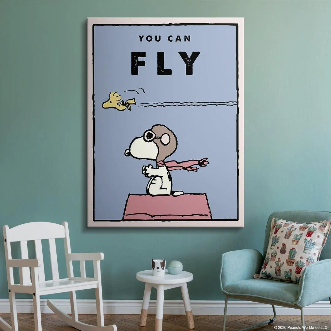 Angled shot showing the pink border thickness and potential framing suggestions for the Kids PEANUTS - You Can Fly print.