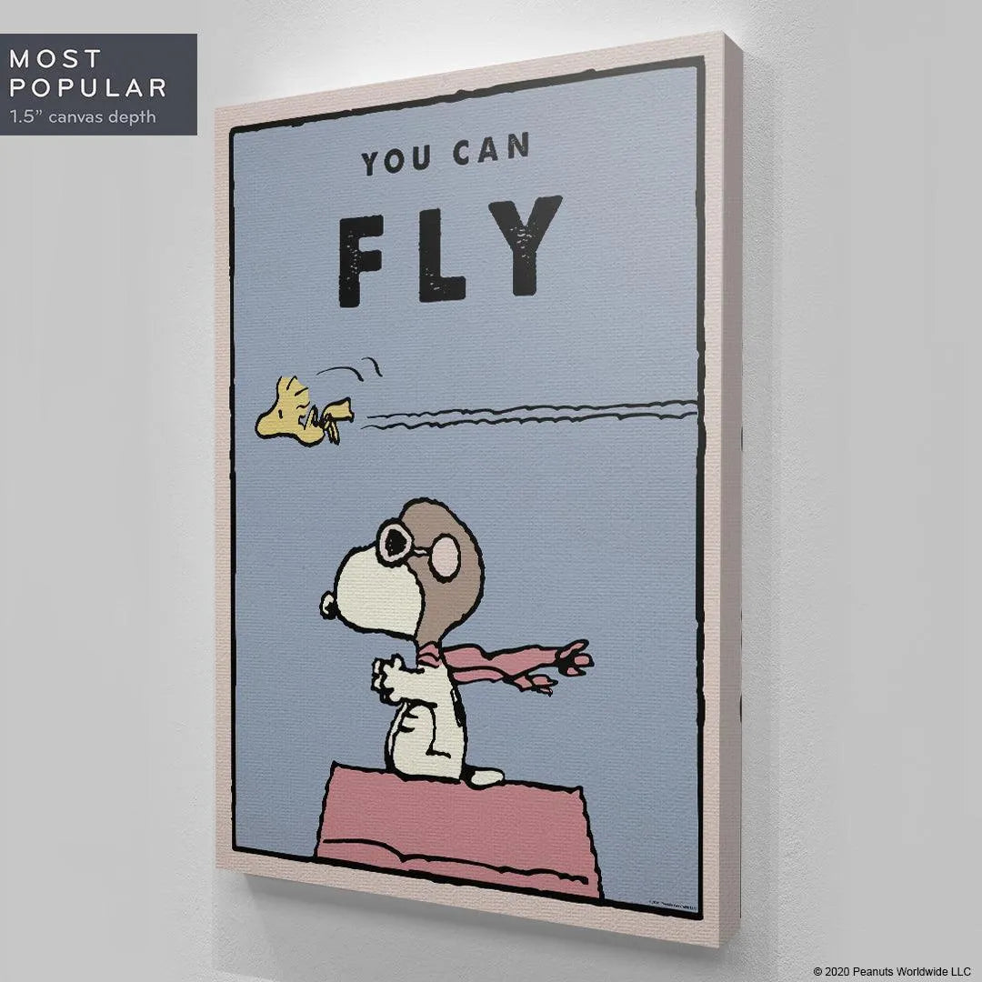 Woodstock flying high above the emphasized 'FLY' text, detail from the Kids PEANUTS - You Can Fly print.