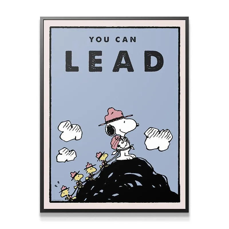 Close-up of Snoopy in a pink hat leading the ascent in the Kids PEANUTS - You Can Lead illustration.