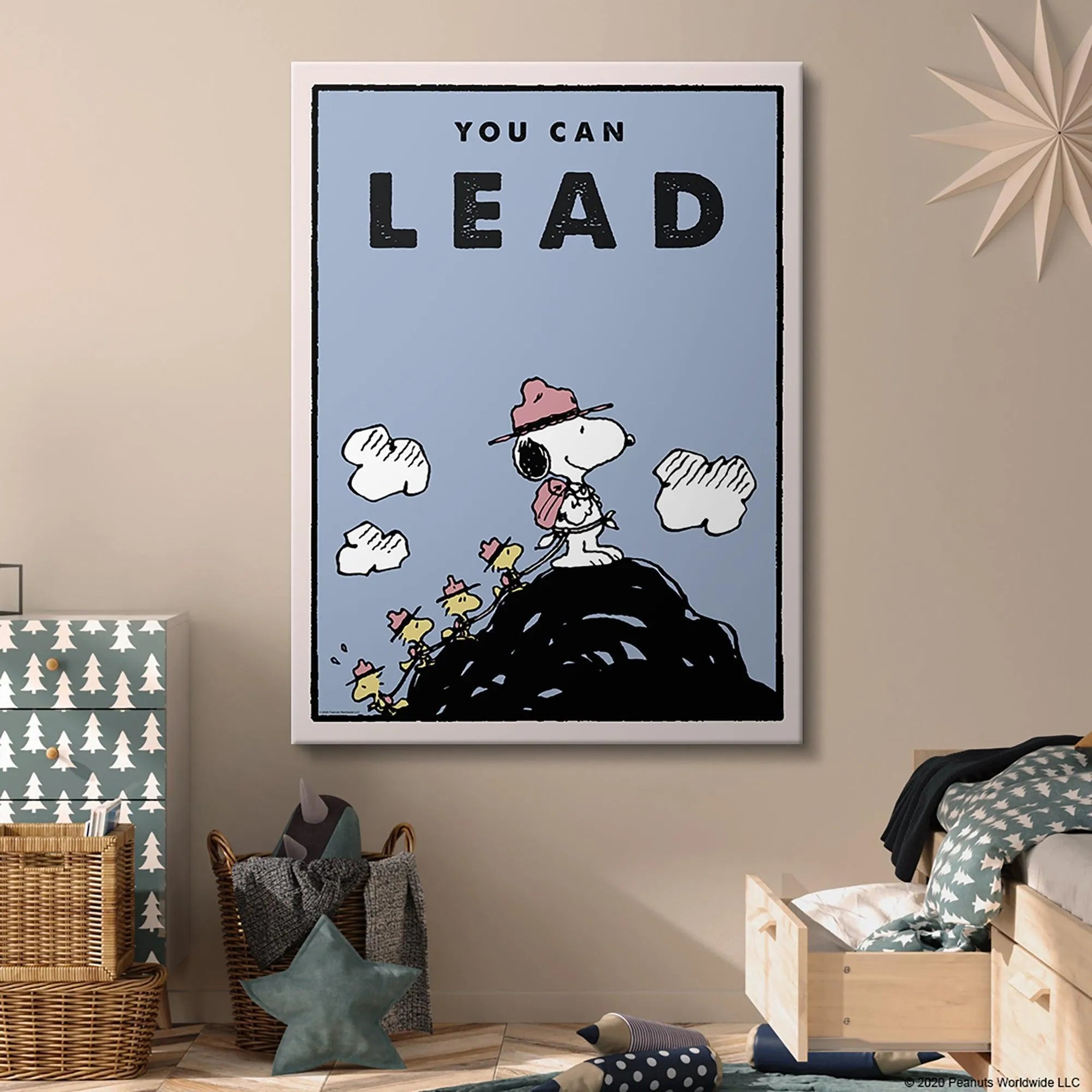 Detail of the small Woodstock birds following Snoopy up the rugged hill in the Kids PEANUTS - You Can Lead design.