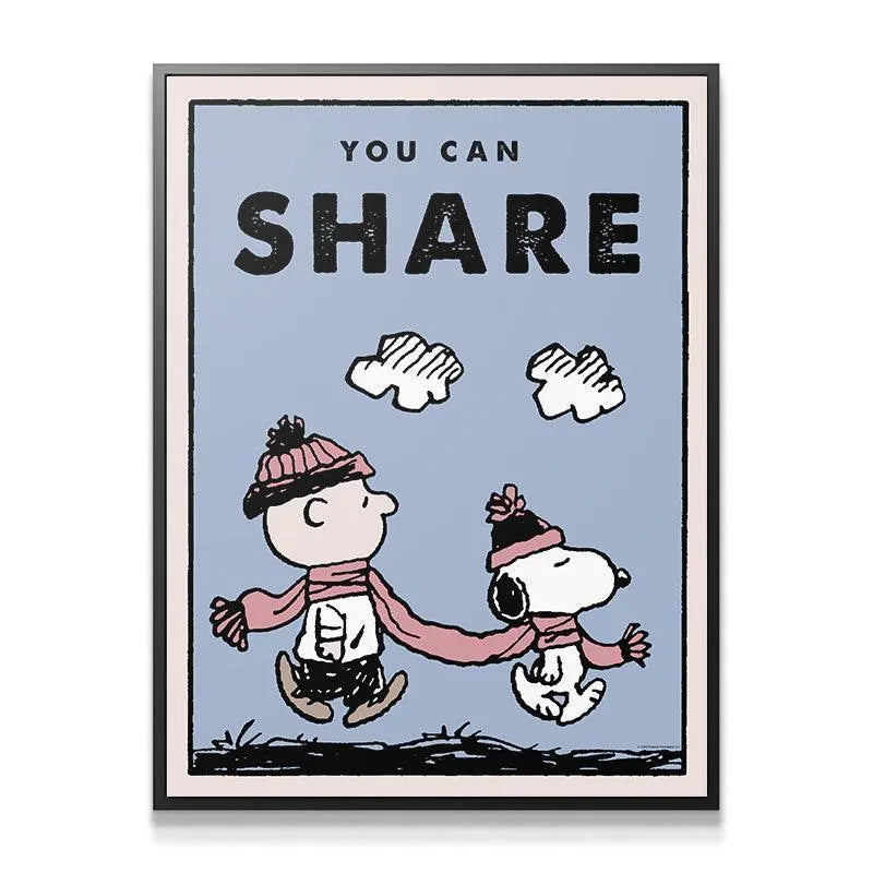 Close-up on Charlie Brown and Snoopy sharing a long pink scarf in the heartwarming Kids PEANUTS - You Can Share print.