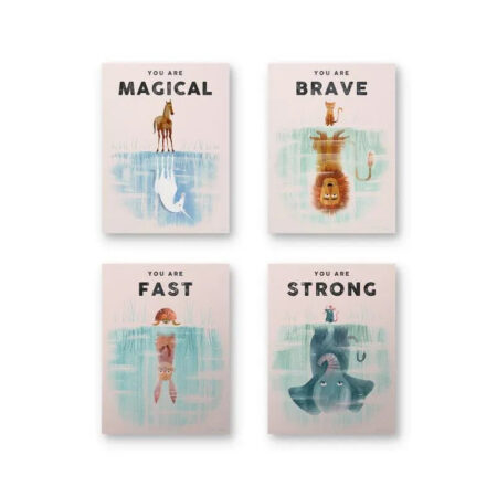 Overhead view of the four inspiring prints included in the Kids Reflection Bundle, laid flat on a white background.