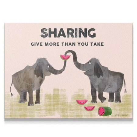 Watercolor texture close-up showing two elephants engaged in Kids Sharing a watermelon slice.