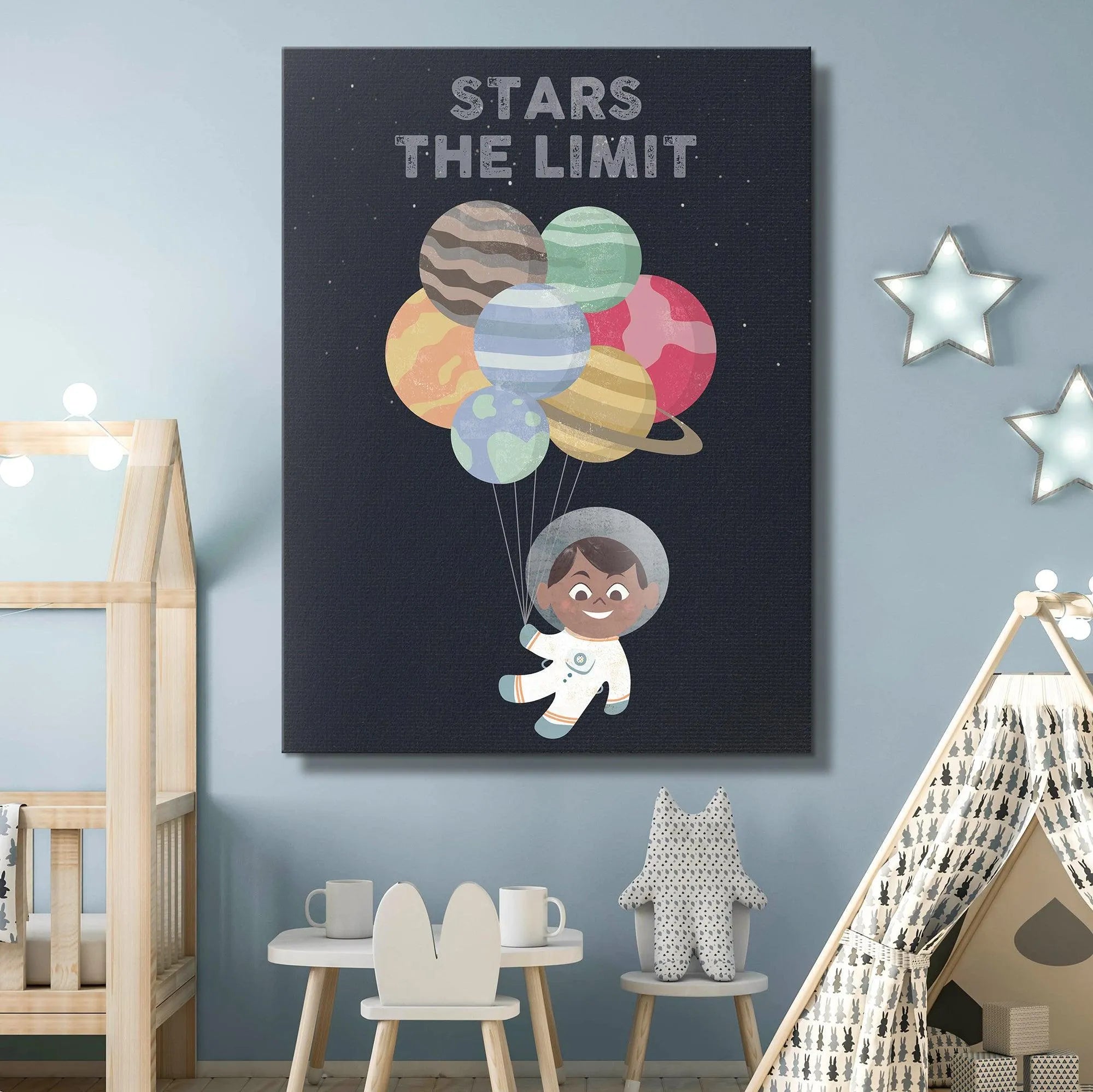 Lifestyle image showing the 'Kids - Stars The Limit' poster framed and hanging in a bright, modern children’s bedroom.