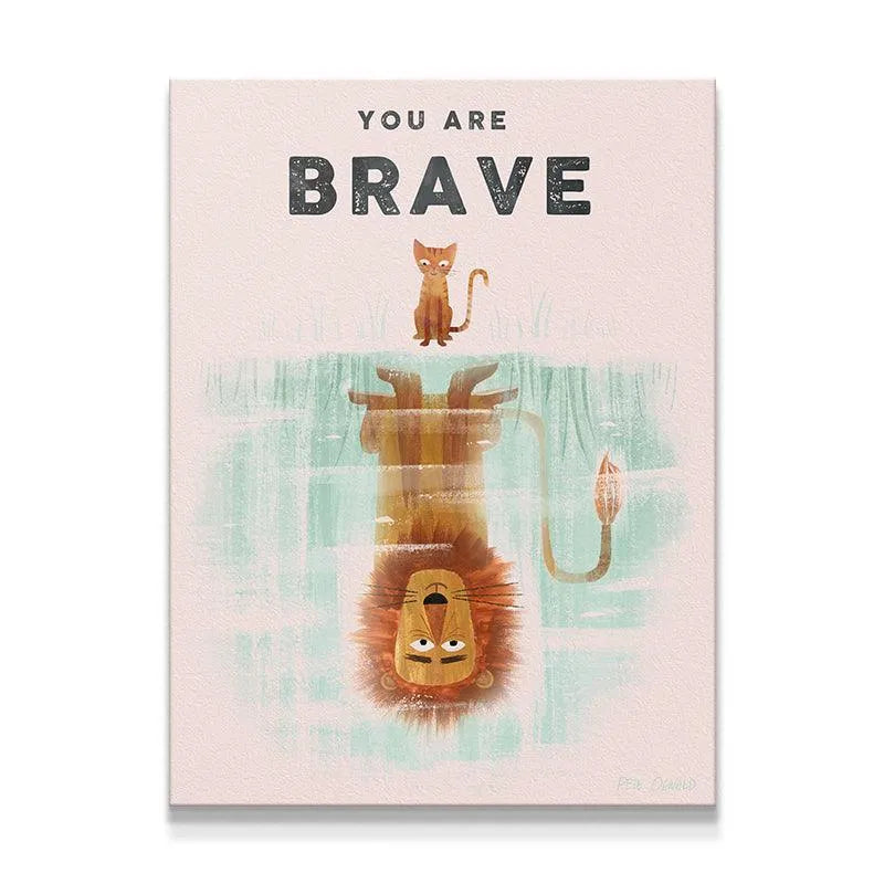 Close-up of the kitten and lion reflection on the Kids You Are Brave motivational art print.