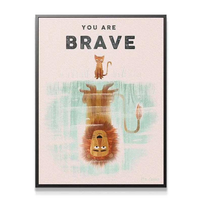 Textured canvas view of the Kids You Are Brave poster featuring light pink background.