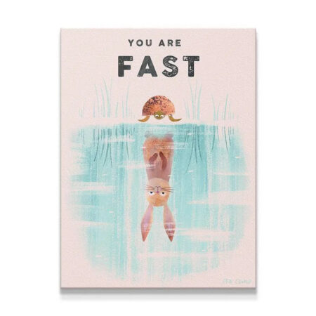 Full overhead view of the 'Kids You Are Fast' artwork showing the turtle, water line, and upside-down bunny reflection.