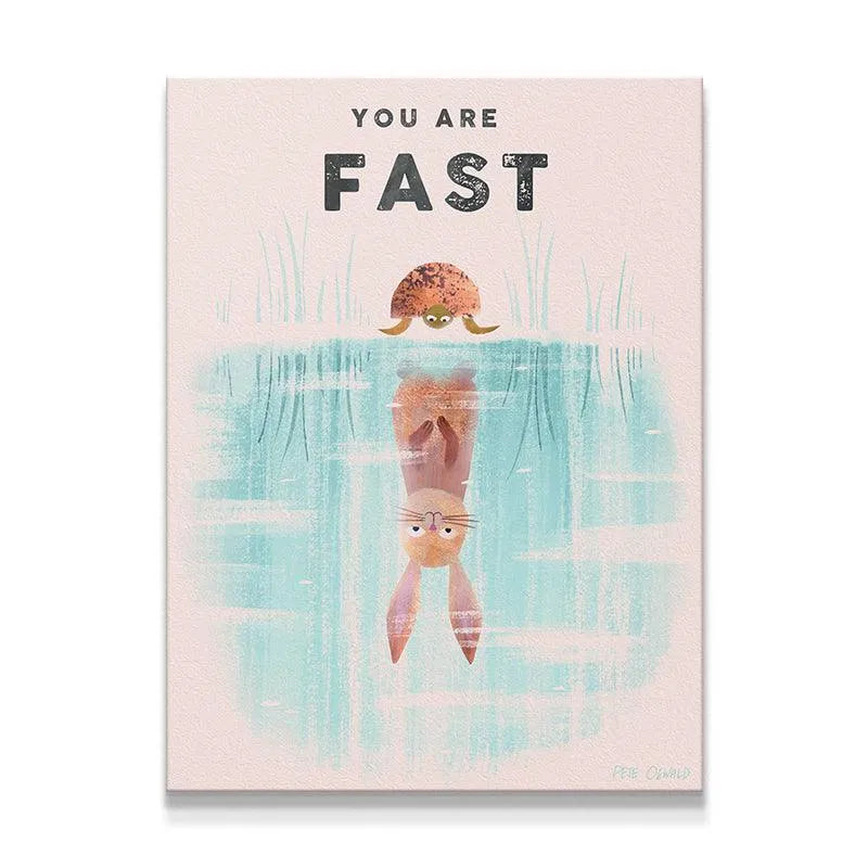 Full overhead view of the 'Kids You Are Fast' artwork showing the turtle, water line, and upside-down bunny reflection.