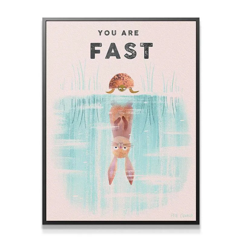Close-up on the reflected bunny's worried expression in the 'Kids You Are Fast' print, highlighting the subtle paper texture.