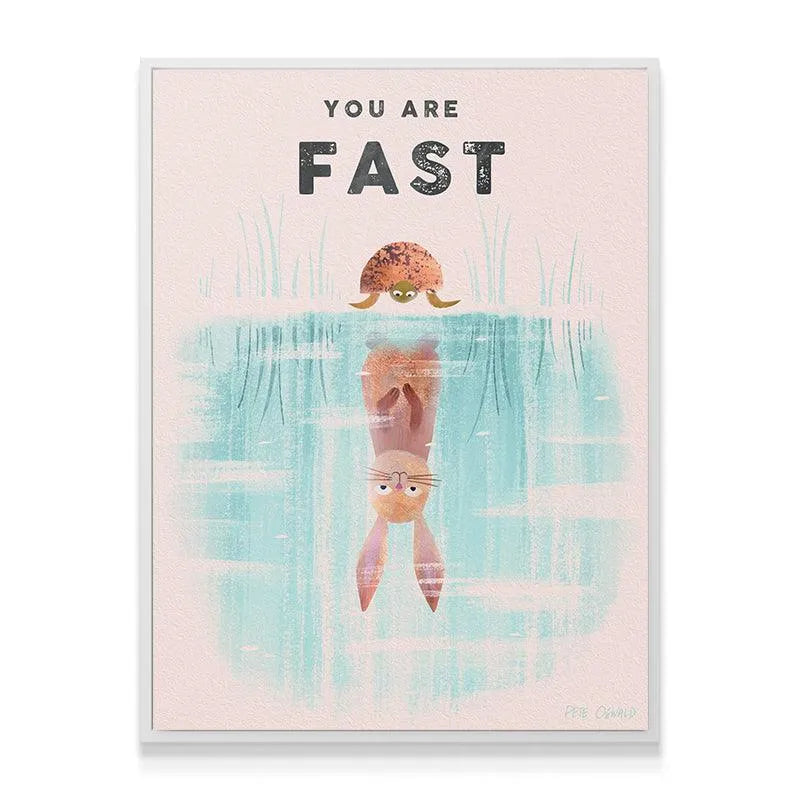 Detailed shot focusing on the bold 'FAST' typography and the resting turtle in the 'Kids You Are Fast' design.