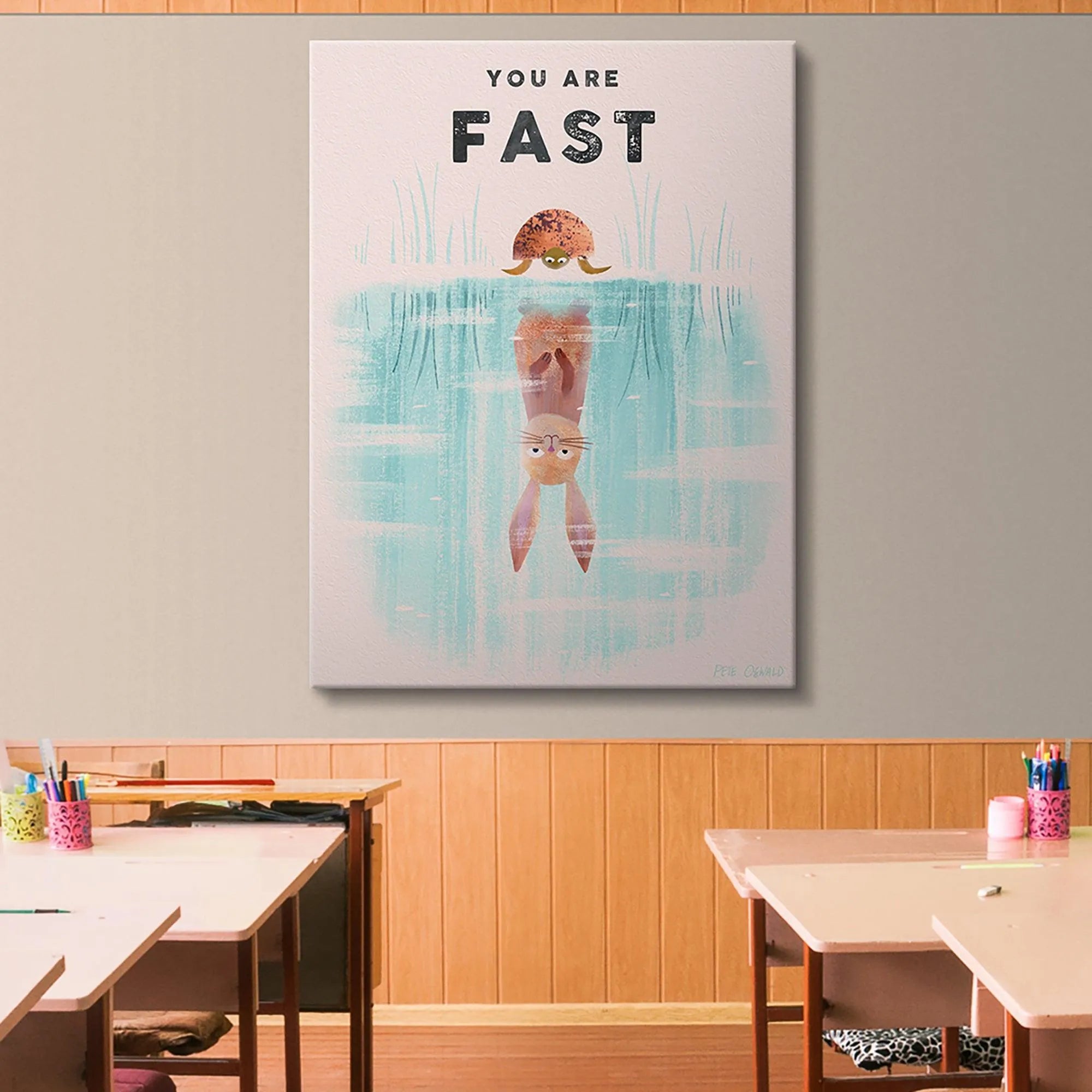 Corner angle showing the subtle paper texture and soft pastel pink background of the motivational 'Kids You Are Fast' piece.