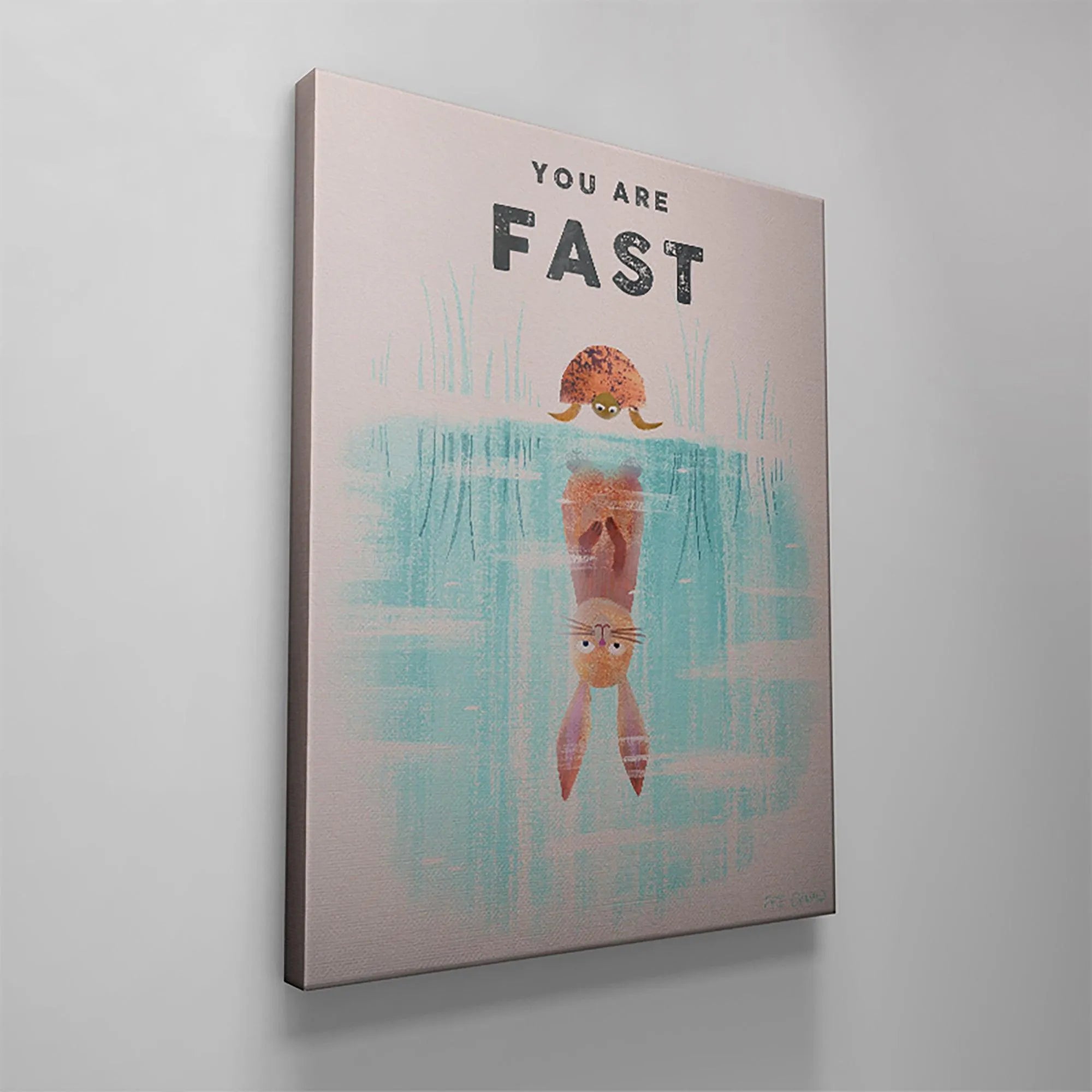 Mid-shot illustrating the clear demarcation line between the turtle and the blue water reflection in the 'Kids You Are Fast' canvas.