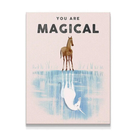Full view of the 'Kids You Are Magical' canvas art featuring a horse reflecting a white unicorn in the water.