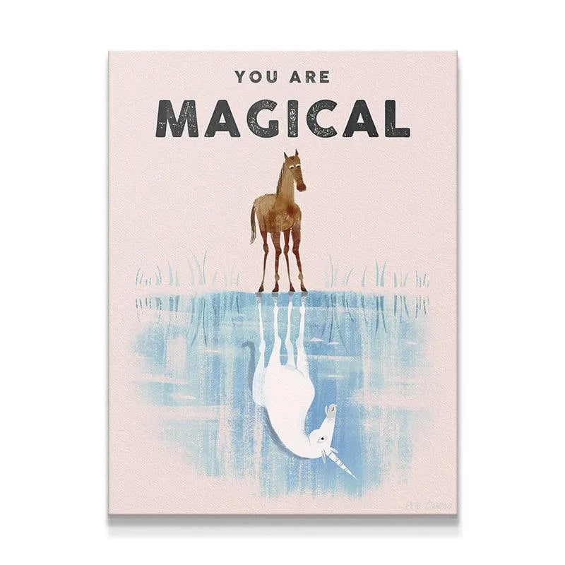 Full view of the 'Kids You Are Magical' canvas art featuring a horse reflecting a white unicorn in the water.