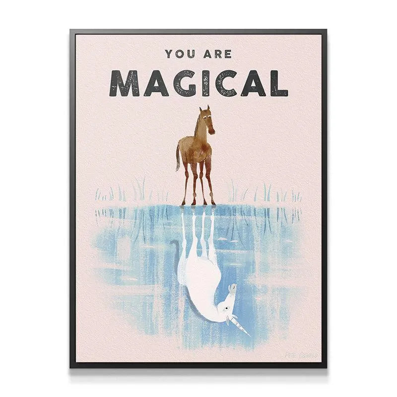Close-up shot showing the painterly texture and pink background of the 'Kids You Are Magical' motivational print.